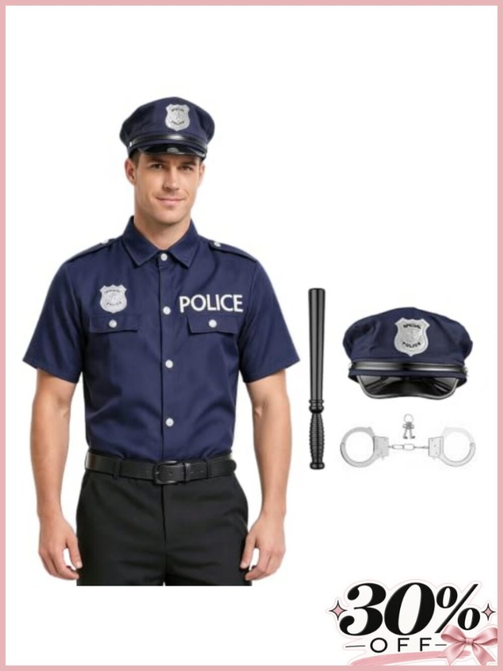 Men's Police Costume Set Button-Down Shirt Hat Handcuffs Cop Halloween